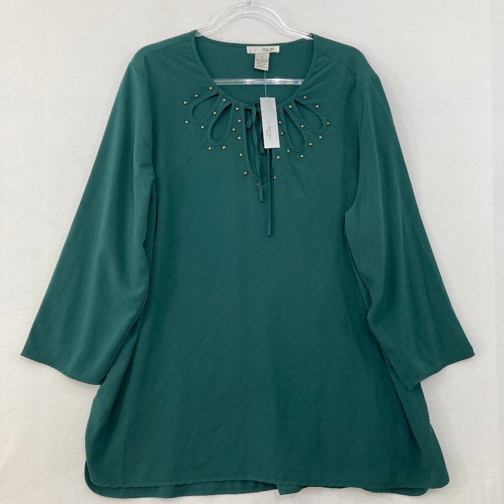 New WD.NY‎ size 2X Blue Teal Cut Out Tie Front Studded 3/4 Sleeve Top Office